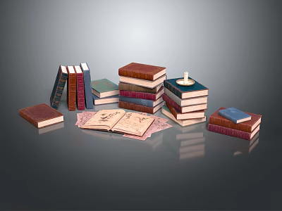 Vintage Books and Stacked Magazines with Open Pages and Various Colored Covers 3d model