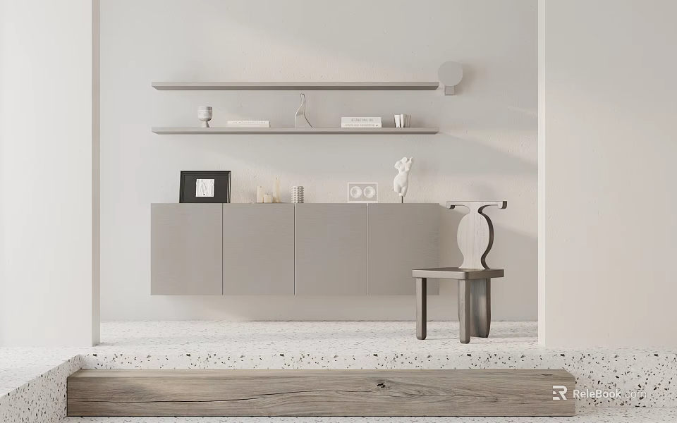 Stylish Dining Chair In Modern Interior With White Wall Grey Cabinet And Shelves 3d model 