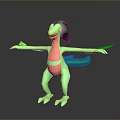 Cartoon Green Creature With Pink Belly Leaf Like Head Extended Limbs Standing On Reflective Surface 3d model