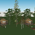 Garden Landscape Design With Green Trees Wooden Pavilions And Lawn Area