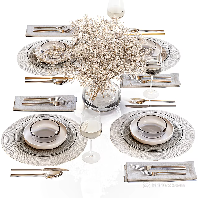 Elegant Dinnerware Set Featuring Plates Bowls Cutlery Wine Glasses And Vase With Dried Flowers 3d model 