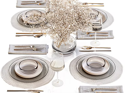 Elegant Dinnerware Set Featuring Plates Bowls Cutlery Wine Glasses And Vase With Dried Flowers 3d model