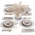 Elegant Dinnerware Set Featuring Plates Bowls Cutlery Wine Glasses And Vase With Dried Flowers