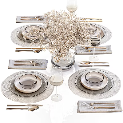 Elegant Dinnerware Set Featuring Plates Bowls Cutlery Wine Glasses And Vase With Dried Flowers 3d model