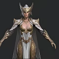Woman In Ornate Gold And White Armor With Detailed Helmet And Long Robe