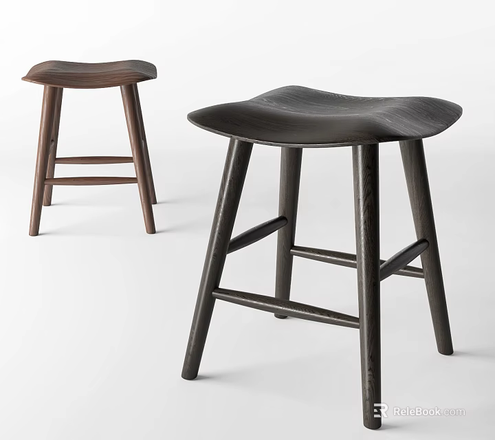 Two Stylish Wooden Stools With Saddle Seat And Sturdy Dark Brown Legs 3d model 