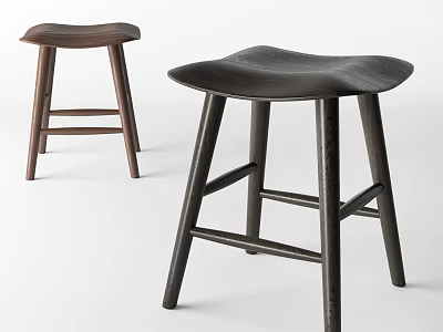 Two Stylish Wooden Stools With Saddle Seat And Sturdy Dark Brown Legs 3d model