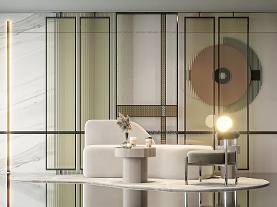 Modern Sofa and Coffee Table Set with Glass Partitions Decorative Lamp and Marble Floor 3d model