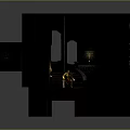 Black Architectural Scene Structure with Curved Staircase Arched Windows and Wall Lamps