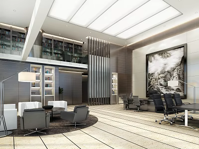 Modern Office Interior Design With Skylight Ceiling Bookshelves Large Painting Sofa Area And Conference Table 3d model