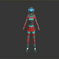 Game Movie Character In Red Blue Futuristic Costume With Helmet And Armor