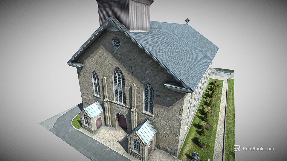 Stone Church Exterior With Gothic Windows Gray Roof Bell Tower And Landscaped Greenery 3d model 