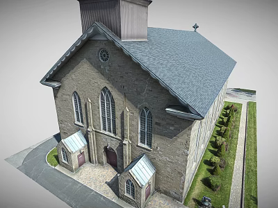 Stone Church Exterior With Gothic Windows Gray Roof Bell Tower And Landscaped Greenery 3d model