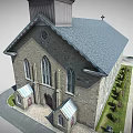 Stone Church Exterior With Gothic Windows Gray Roof Bell Tower And Landscaped Greenery