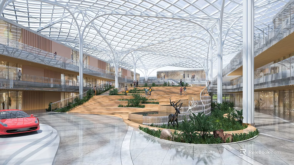 Modern Shopping Mall Lobby With Glass Dome Ceiling Multiple Levels Green Plants And Deer Sculptures 3d model 