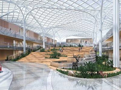 Modern Shopping Mall Lobby With Glass Dome Ceiling Multiple Levels Green Plants And Deer Sculptures 3d model