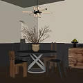 Modern Dining Table Set With Round Table Wooden Metal Chairs Decorative Branches And Chandelier