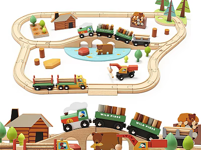 Electric Wooden Toy Train Set with Tracks Trucks Animals Bridge Cabin and Trees 3d model