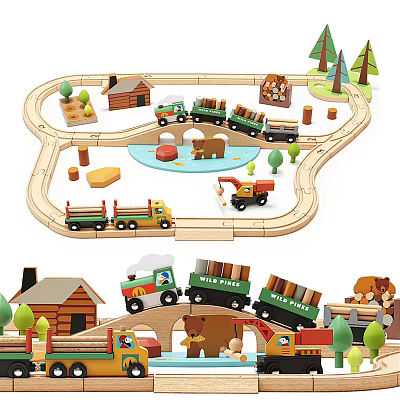 Electric Wooden Toy Train Set with Tracks Trucks Animals Bridge Cabin and Trees 3d model