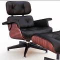 Black Leather Padded Single Sofa with Wooden Arms and Matching Ottoman Modern Style Metal Base