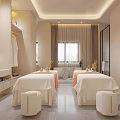 Luxury Minimalist Beauty Salon Interior With Two Massage Beds Mirrors White Curtains And Soft Lighting