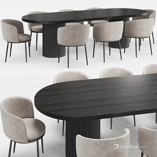 Dining Table Set with Round and Oval Black Tables and Grey Chairs 3d model 