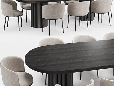 Dining Table Set with Round and Oval Black Tables and Grey Chairs 3d model