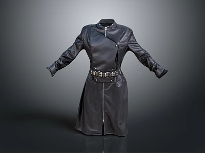 Black Leather Long Coat With Stand Collar Belt Zipper And Open Sleeves Design 3d model