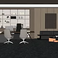 Modern Office Interior With Desk Chairs Bookshelf Sofa Decorative Painting And Green Plant