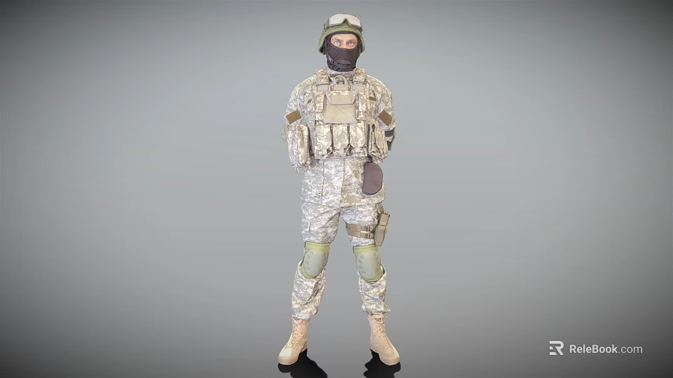 A Man in Camouflage Uniform With Helmet Face Mask Tactical Vest Knee Pads and Boots 3d model 