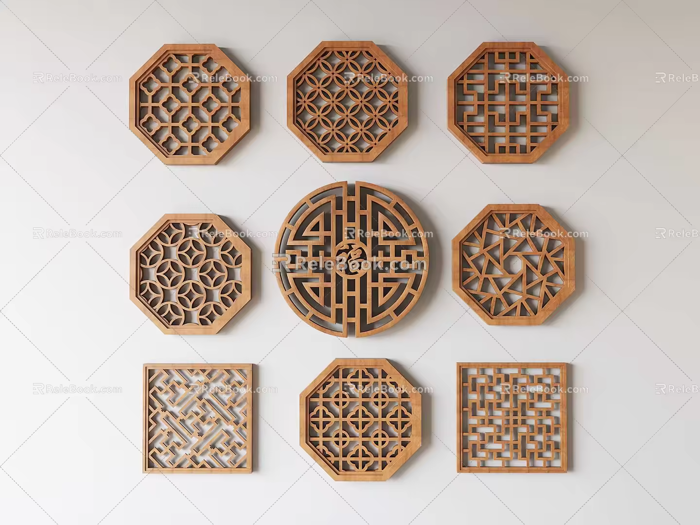 Middle-ancient style carved hollow window solid wood window lattice window landscape wall lattice window openwork window 3d model