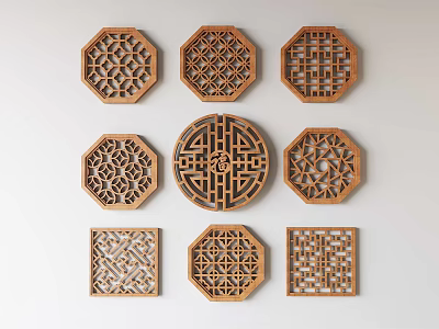 Middle-ancient style carved hollow window solid wood window lattice window landscape wall lattice window openwork window 3d model
