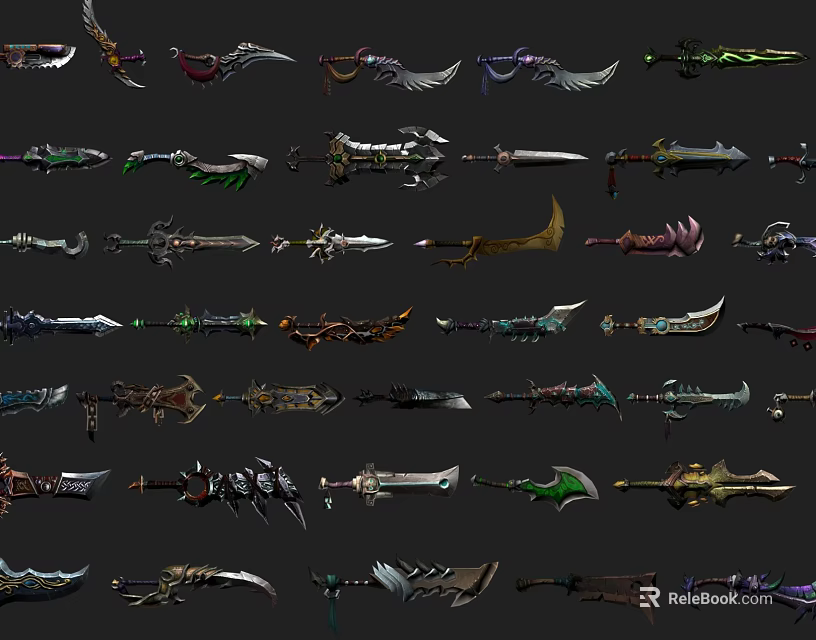 Various Fantasy Weapons Collection Featuring Swords Daggers And Axes With Unique Designs 3d model 