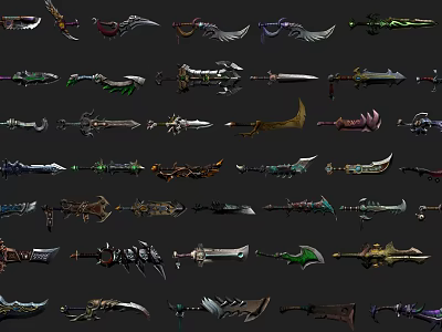 Various Fantasy Weapons Collection Featuring Swords Daggers And Axes With Unique Designs 3d model