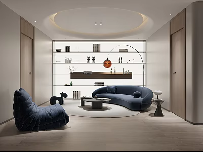 Lounge Area Interior With Blue Sofa Round Coffee Table Curved Bookshelf And Circular Ceiling Light 3d model