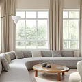 Elegant Dining Living Room Interior With Wooden Table Sofa Pendant Light And Large Windows