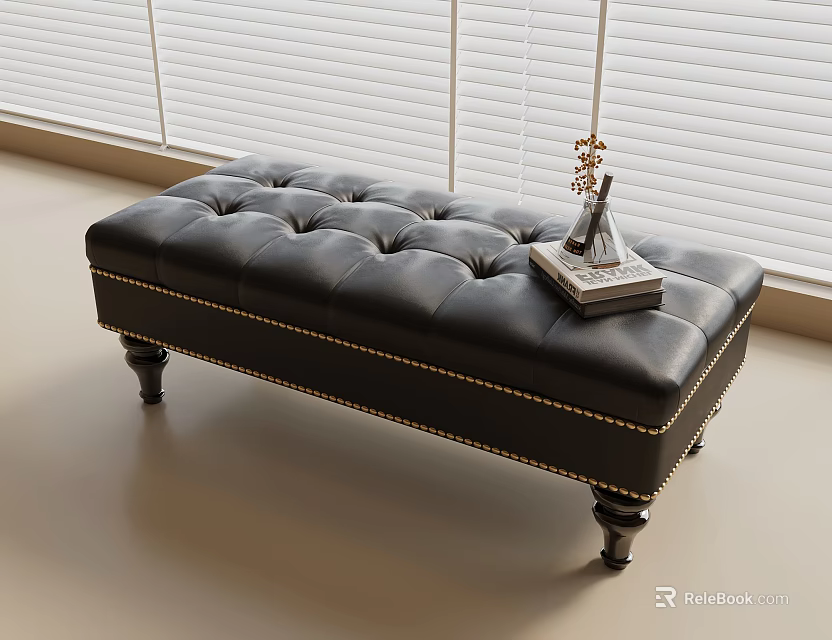 Black Leather Tufted Bench With Decorative Legs And Books On Top With Window Blinds 3d model 