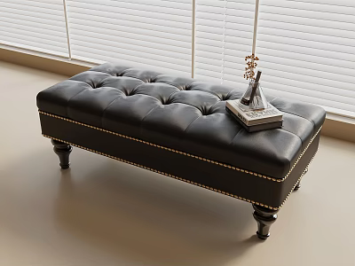 Black Leather Tufted Bench With Decorative Legs And Books On Top With Window Blinds 3d model