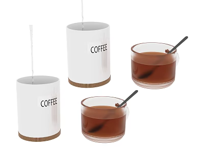 Coffee Beverage In White Cylindrical Containers Labeled COFFEE And Glass Cups With Black Spoons 3d model