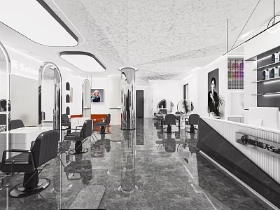 Modern Hair Salon Interior Design With Hairdressing Chairs Mirrors And Marble Floor 3d model