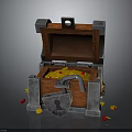 Open Wooden Treasure Chest With Metal Lock And Scattered Gold Coins Inside