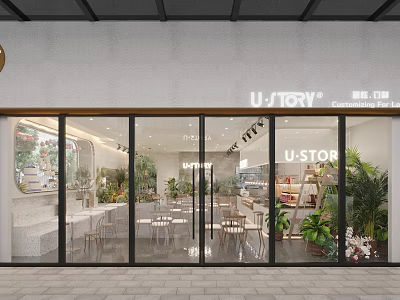 Modern U STORY Shopping Mall Store Interior With Glass Doors Tables Chairs And Plants 3d model