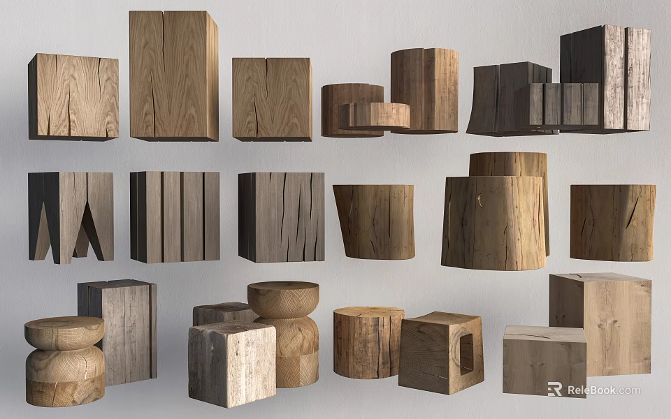 Assorted Wooden Stools with Different Shapes and Natural Wood Finishes for Home Spaces 3d model 