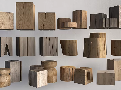 Assorted Wooden Stools with Different Shapes and Natural Wood Finishes for Home Spaces 3d model