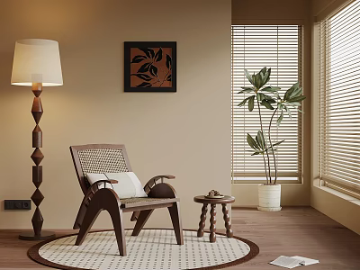 Cozy Living Room Interior With Wicker Chair Floor Lamp Decorative Painting Blinds And Plant 3d model