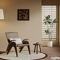 Cozy Living Room Interior With Wicker Chair Floor Lamp Decorative Painting Blinds And Plant