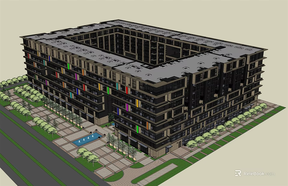 Modern Multi Storey Office Building With Landscaped Lawn Trees And Pool Area 3d model 