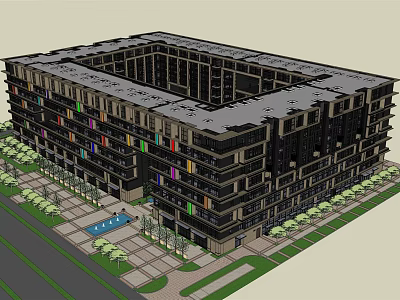 Modern Multi Storey Office Building With Landscaped Lawn Trees And Pool Area 3d model