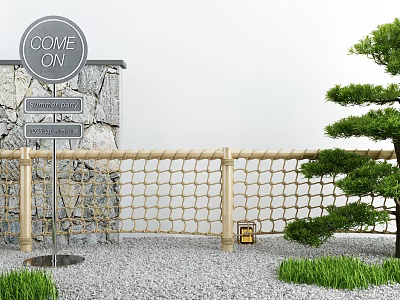 Garden Ornamental Display With COME ON Sign Stone Wall Wicker Fence Pine Tree And Gravel 3d model