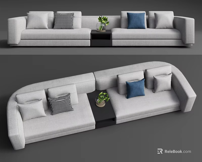 Light Gray Sectional Sofa Interior With Decorative Pillows Side Table And Potted Plant 3d model